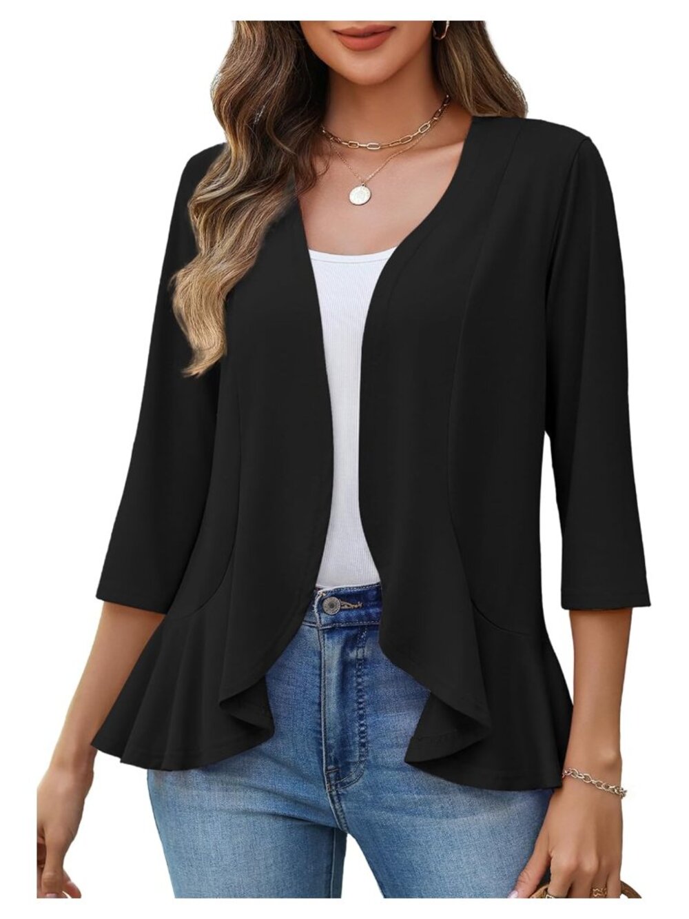 Women's Lightweight 3/4 Sleeve Ruffled Open Front Cardigan Coverup